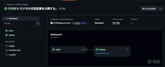 Deploy to GitHub Pages の GitHub Actions 実行画面（合計約1分）